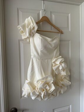 One-Shoulder Ivory Ruffle Mini Dress